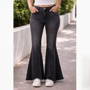 By Together Super Flare Jeans Black High Rise Raw Hem Stretch Denim